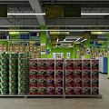 Spacious Supermarket Interior With Green Pillars And Shelves Filled With Various Products