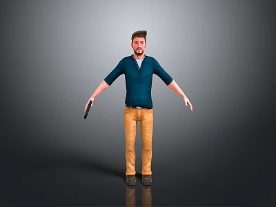 3D Male Character In Blue Polo Shirt Khaki Pants Brown Shoes Holding Objects Gray Background 3d model