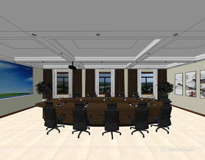 Modern Conference Room Interior With Long Table Black Chairs Windows Potted Plants And Wall Paintings 3d model 