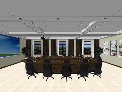 Modern Conference Room Interior With Long Table Black Chairs Windows Potted Plants And Wall Paintings 3d model