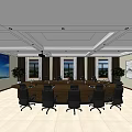 Modern Conference Room Interior With Long Table Black Chairs Windows Potted Plants And Wall Paintings