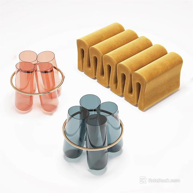 Modern Yellow Velvet Upholstered Stools With Glass Cups And Metal Holders 3d model 