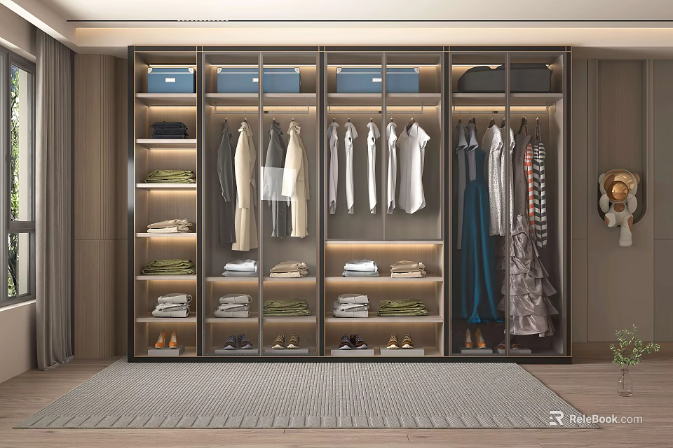 Modern Wardrobe Interior Design With Bright Lighting Multifunctional Storage Hanging Folded Clothes And Glass Doors 3d model 
