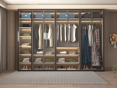 Modern Wardrobe Interior Design With Bright Lighting Multifunctional Storage Hanging Folded Clothes And Glass Doors 3d model