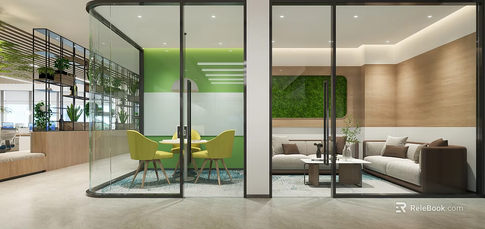 Modern Office Interior With Glass Partitions Green Walls Yellow Chairs Sofas And Living Plant Wall 3d model 