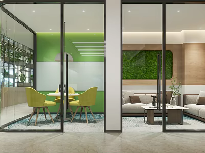 Modern Office Interior With Glass Partitions Green Walls Yellow Chairs Sofas And Living Plant Wall 3d model