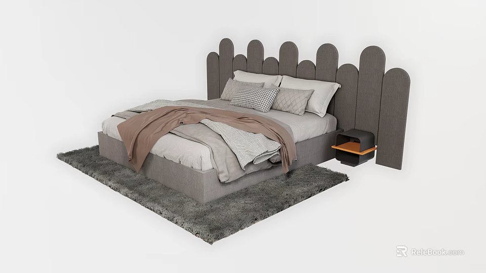 Kids Bed With Unique Scalloped Headboard Gray Upholstered Soft Bedding And Side Nightstand 3d model 