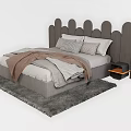 Kids Bed With Unique Scalloped Headboard Gray Upholstered Soft Bedding And Side Nightstand