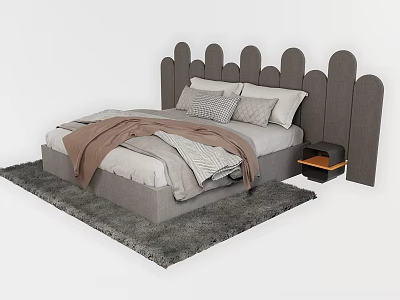 Kids Bed With Unique Scalloped Headboard Gray Upholstered Soft Bedding And Side Nightstand 3d model