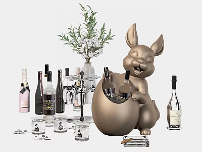 Wine Bottles and Wine Glasses Styled Display with Rabbit Sculpture Vase and Greenery 3d model