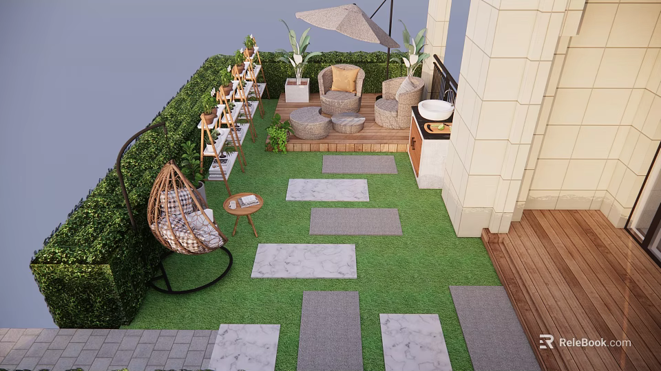 Serene Courtyard Garden With Green Lawn Stone Path Wicker Chair And Umbrella 3d model 