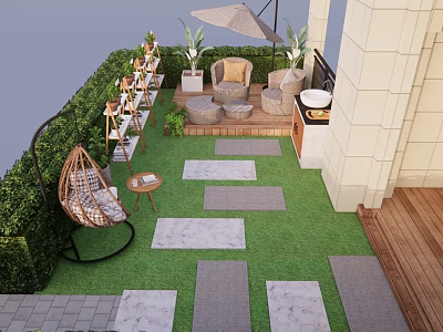 Serene Courtyard Garden With Green Lawn Stone Path Wicker Chair And Umbrella 3d model