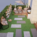 Serene Courtyard Garden With Green Lawn Stone Path Wicker Chair And Umbrella