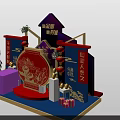 Commercial Display Equipment With Purple Gold Decorative Setup White Pillars Yellow Spheres Red Gifts And Red Carpet