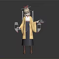 Anime Female Character Wearing Yellow Kimono Holding Mechanical Devices On Gray Background
