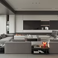 Modern Living Room Interior With Grey Sofa TV Wall Fireplace Coffee Table And Floor to Ceiling Windows