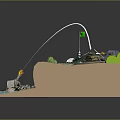 Cartoon Scenery of Cliff Island With Grass Lighthouse White Path Green Car Dock and Water