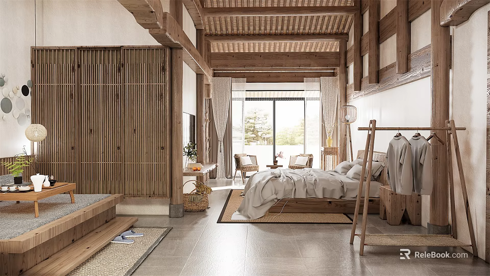 Traditional Wooden Hotel Room Interior With Bed Lounge Chairs And Floor To Ceiling Windows 3d model 