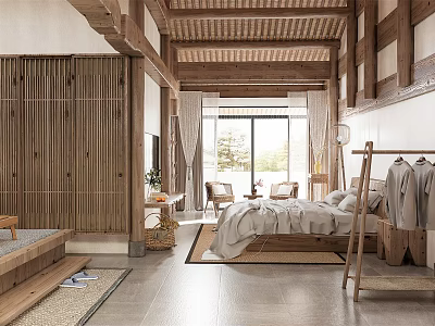 Traditional Wooden Hotel Room Interior With Bed Lounge Chairs And Floor To Ceiling Windows 3d model