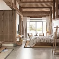 Traditional Wooden Hotel Room Interior With Bed Lounge Chairs And Floor To Ceiling Windows