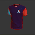 Blue T-shirt with Blue and Red Color Block Sleeves and Front Logo Design