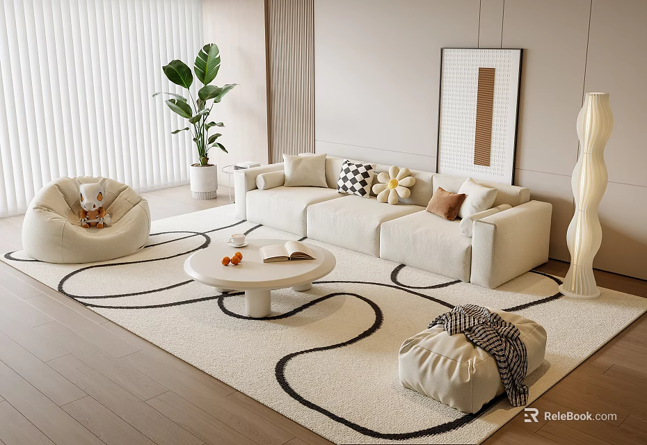 Elegant Modern Sofa and Coffee Table Set With Green Plant Throw Pillows And Floor Lamp 3d model 