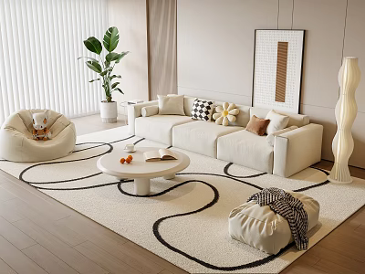 Elegant Modern Sofa and Coffee Table Set With Green Plant Throw Pillows And Floor Lamp 3d model