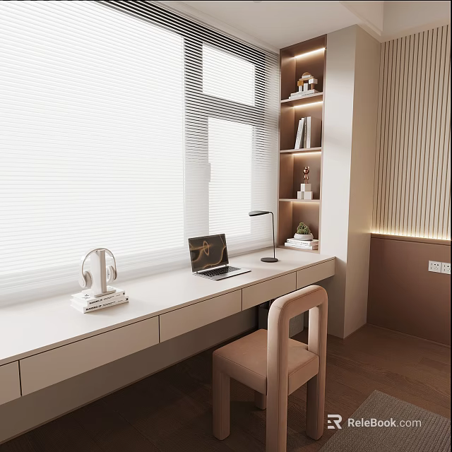 Cozy Workspace Desk with Laptop Headphones Lamp Bookshelf Chair and Window Blinds 3d model 