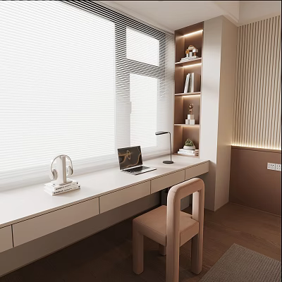 Cozy Workspace Desk with Laptop Headphones Lamp Bookshelf Chair and Window Blinds 3d model