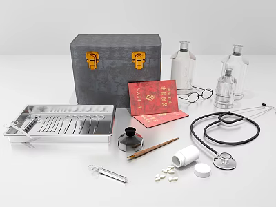 Medical Instruments Set With Stethoscope Metal Tray Glass Bottles And Tablets In Case 3d model