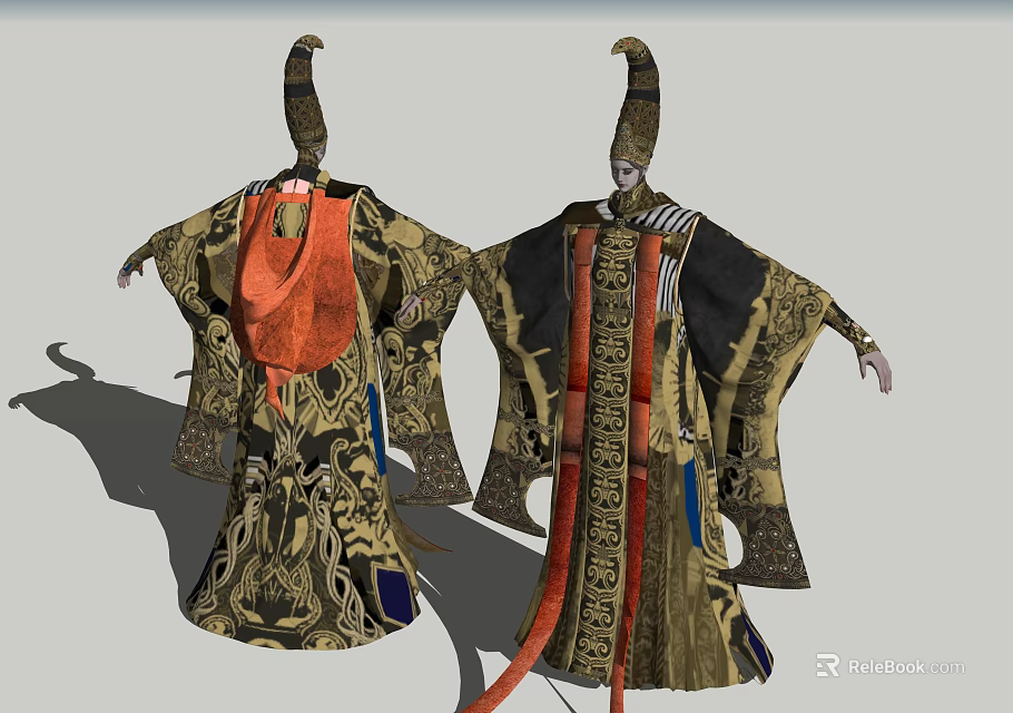 Game And Movie Characters In Traditional Ornate Outfits With Pointed Hats And Intricate Patterns 3d model 