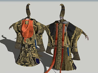 Game And Movie Characters In Traditional Ornate Outfits With Pointed Hats And Intricate Patterns 3d model