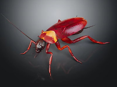 Red and yellow cockroach with detailed body structure on dark background 3d model