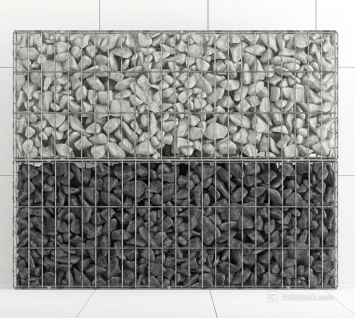 Natural Stone Gabion Mesh Wall Featuring Light And Dark Colored Pebbles 3d model
