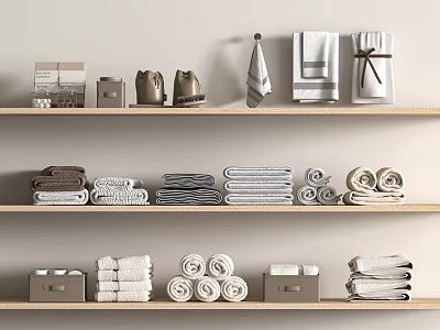 Organized Bathroom Accessories Display on Wooden Shelves with Towels Storage Boxes and Toiletries 3d model
