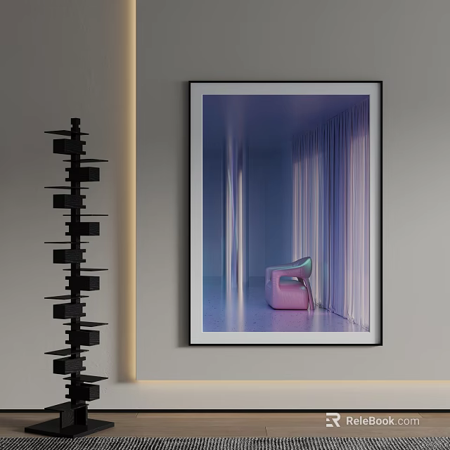 Landscape Painting With Pink Chair Purple Blue Curtains Light Streaming Through Hanging On Modern Wall 3d model 