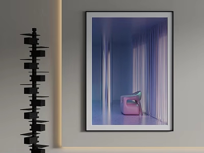 Landscape Painting With Pink Chair Purple Blue Curtains Light Streaming Through Hanging On Modern Wall 3d model