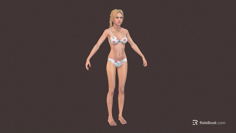 Woman In Floral Print Bikini Standing In Full Body View Against Dark Background 3d model 