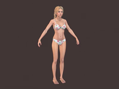 Woman In Floral Print Bikini Standing In Full Body View Against Dark Background 3d model