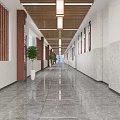 Modern Elevator Hallway Interior With Marble Flooring White Walls Wooden Ceiling And Lighting Fixtures