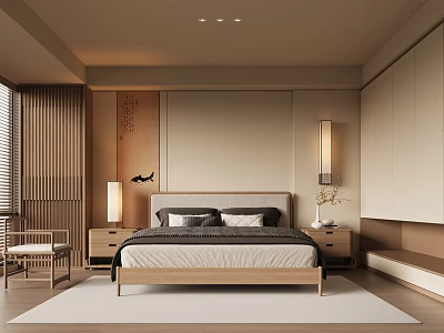Modern Bedroom Interior With Wooden Bed Frame Nightstands Wardrobe Table Lamps Wall Art And Rug 3d model