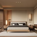 Modern Bedroom Interior With Wooden Bed Frame Nightstands Wardrobe Table Lamps Wall Art And Rug