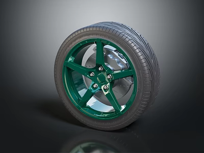 Car Tire With Green Five Spoke Wheel Rim And Metallic Tread Design 3d model