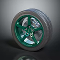 Car Tire With Green Five Spoke Wheel Rim And Metallic Tread Design