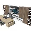 Modern Office Desk With Two Gray Chairs Wooden Background Wall And Landscape Painting