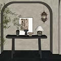 Oriental Style Console Table With Bamboo Plant Calligraphy Artwork Lantern Pendant And Decorative Vases
