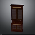 Dark Red Wooden Two Tiered Cabinet With Glass Doors And Gold Accents