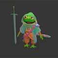 Green Reptile Character Wearing Hooded Cloak Orange Pants And Sword On Reflective Floor