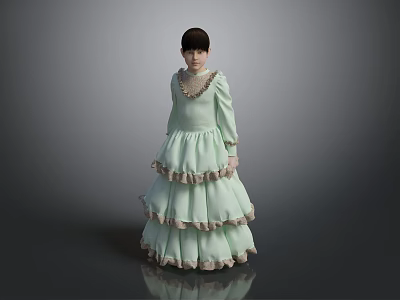 Young Girl In Light Green Layered Dress With Lace Collar Standing On Gray Background 3d model