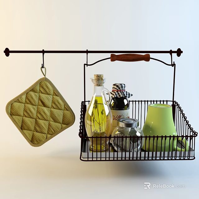 Spice Bottles Stored In Metal Basket On Black Hanging Rack With Yellow Pot Holder 3d model 